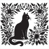 A collage of a cat a plant in an illustrated frame risograph silhouette print white background vector