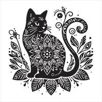 A collage of a cat a plant in an illustrated frame risograph silhouette print white background vector