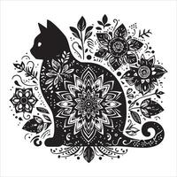 A collage of a cat a plant in an illustrated frame risograph silhouette print white background vector