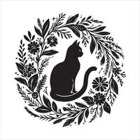 A collage of a cat a plant in an illustrated frame risograph silhouette print white background vector