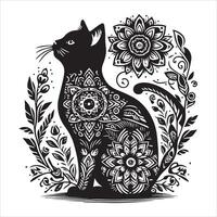 A collage of a cat a plant in an illustrated frame risograph silhouette print white background vector