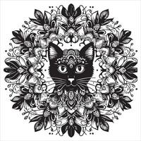 A collage of a cat a plant in an illustrated frame risograph silhouette print white background vector