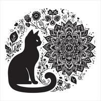 A collage of a cat a plant in an illustrated frame risograph silhouette print white background vector
