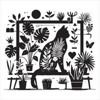 A collage of a cat a plant in an illustrated frame risograph silhouette print white background vector