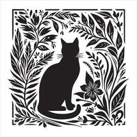Print A collage of a cat a plant in an illustrated frame risograph silhouette white background vector