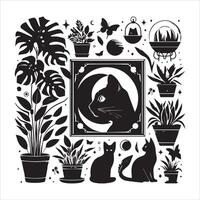 A collage of a cat a plant in an illustrated frame risograph silhouette print white background vector