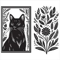 Print A collage of a cat a plant in an illustrated frame risograph silhouette white background vector