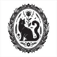 Print A collage of a cat a plant in an illustrated frame risograph silhouette white background vector