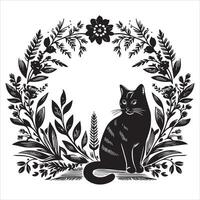Print A collage of a cat a plant in an illustrated frame risograph silhouette white background vector