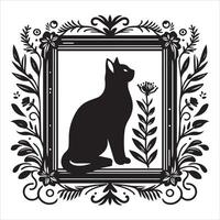 Print A collage of a cat a plant in an illustrated frame risograph silhouette white background vector
