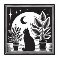 Print A collage of a cat a plant in an illustrated frame risograph silhouette white background vector