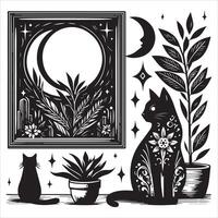 Print A collage of a cat a plant in an illustrated frame risograph silhouette white background vector