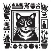 Print A collage of a cat a plant in an illustrated frame risograph silhouette white background vector