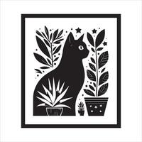 Print A collage of a cat a plant in an illustrated frame risograph silhouette white background vector