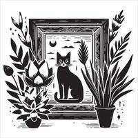 Print A collage of a cat a plant in an illustrated frame risograph silhouette white background vector