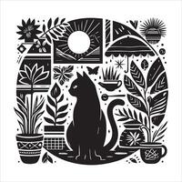 Print A collage of a cat a plant in an illustrated frame risograph silhouette white background vector