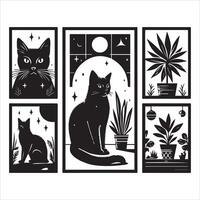 Print A collage of a cat a plant in an illustrated frame risograph silhouette white background vector