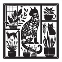 Print A collage of a cat a plant in an illustrated frame risograph silhouette white background vector