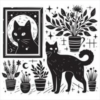 Print A collage of a cat a plant in an illustrated frame risograph silhouette white background vector