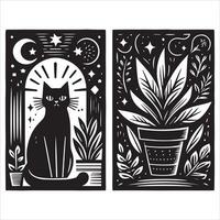 Print A collage of a cat a plant in an illustrated frame risograph silhouette white background vector