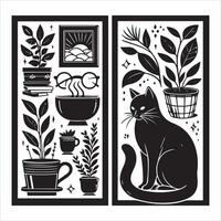 Print A collage of a cat a plant in an illustrated frame risograph silhouette white background vector