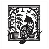 Print A collage of a cat a plant in an illustrated frame risograph silhouette white background vector