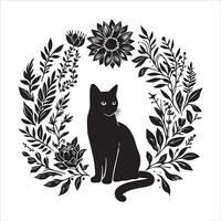 Print A collage of a cat a plant in an illustrated frame risograph silhouette white background vector