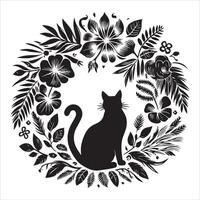 Print A collage of a cat a plant in an illustrated frame risograph silhouette white background vector