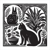 Print A collage of a cat a plant in an illustrated frame risograph silhouette white background vector