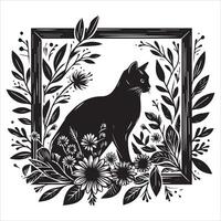 Print A collage of a cat a plant in an illustrated frame risograph silhouette white background vector