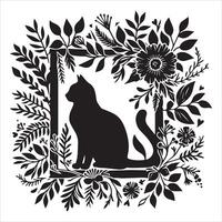 Print A collage of a cat a plant in an illustrated frame risograph silhouette white background vector