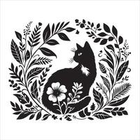Print A collage of a cat a plant in an illustrated frame risograph silhouette white background vector