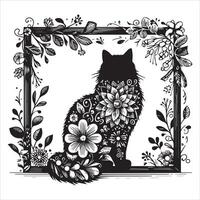 Print A collage of a cat a plant in an illustrated frame risograph silhouette white background vector