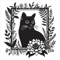 Print A collage of a cat a plant in an illustrated frame risograph silhouette white background vector