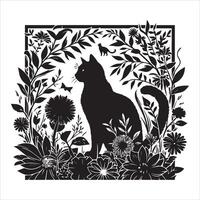 Print A collage of a cat a plant in an illustrated frame risograph silhouette white background vector