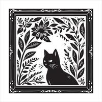 Print A collage of a cat a plant in an illustrated frame risograph silhouette white background vector