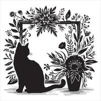 Print A collage of a cat a plant in an illustrated frame risograph silhouette white background vector