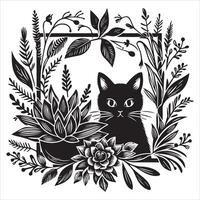 Print A collage of a cat a plant in an illustrated frame risograph silhouette white background vector