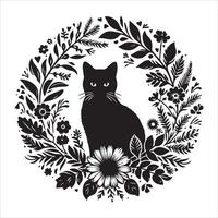 Print A collage of a cat a plant in an illustrated frame risograph silhouette white background vector