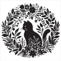 Print A collage of a cat a plant in an illustrated frame risograph silhouette white background vector