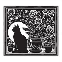 Print A collage of a cat a plant in an illustrated frame risograph silhouette white background vector