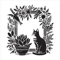 Print A collage of a cat a plant in an illustrated frame risograph silhouette white background vector