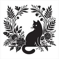 Print A collage of a cat a plant in an illustrated frame risograph silhouette white background vector