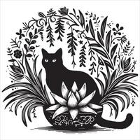 Print A collage of a cat a plant in an illustrated frame risograph silhouette white background vector
