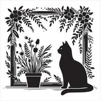 Print A collage of a cat a plant in an illustrated frame risograph silhouette white background vector