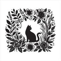 Print A collage of a cat a plant in an illustrated frame risograph silhouette white background vector