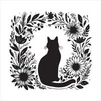 Print A collage of a cat a plant in an illustrated frame risograph silhouette white background vector
