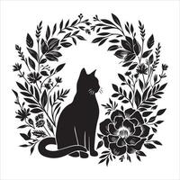 Print A collage of a cat a plant in an illustrated frame risograph silhouette white background vector