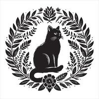 Print A collage of a cat a plant in an illustrated frame risograph silhouette white background vector