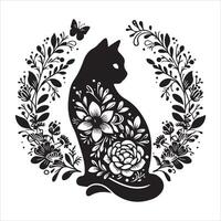 Print A collage of a cat a plant in an illustrated frame risograph silhouette white background vector